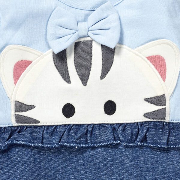 Girls Embroidered Printed 100% Organic Cotton Sleeveless denim Romper - Blue - Image 2