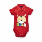 Boys Printed 100% Organic Cotton Collar Neck Half Sleeves Bodysuit with Tiger print- Red