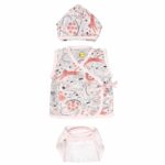 Unisex Printed 100%Organic Cotton New Born Essentials Zabla (????) Set with animal print Pack of 3-White