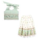 Girls Printed 100%Organic Cotton Festive Skirt with Haulter neck blouse and shaded Dupatta- White and Light Green