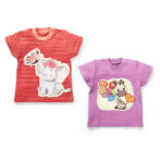 Girls Graphic Printed 100% Organic Cotton T-Shirt Combo Pack of 2 with cute Elephant & Giraffe printed patch- Red & Purple