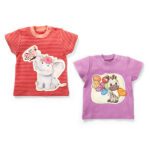 Girls Graphic Printed 100% Organic Cotton T-Shirt Combo Pack of 2 with cute Elephant & Giraffe printed patch- Red & Purple