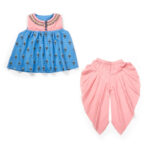 Girls Embroidered Printed 100% Organic Cotton Festive embroidered Top and Dhoti Style Bottoms-Blue and Pink