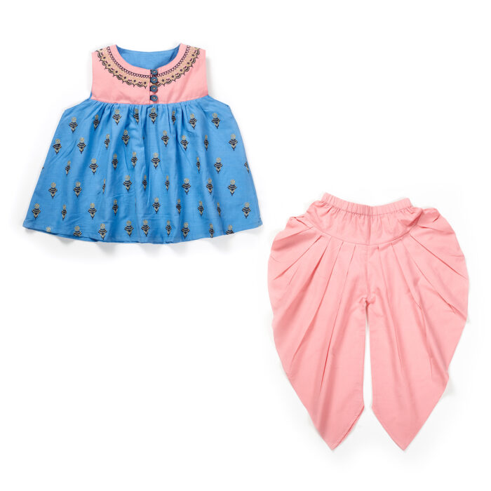 19-2 Girls Embroidered Printed 100% Organic Cotton Festive embroidered Top and Dhoti Style Bottoms-Blue and Pink - Image 1