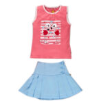 Girls Embroidered Printed 100% Organic Cotton Sleeveless Top and Pleated Skirt Set - Pink and Blue