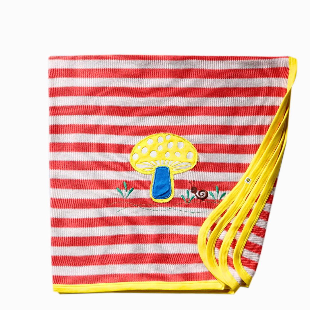 31 Unisex Stripes Embroidered 100%Organic Cotton Baby Blanket - White and Red - Image 1