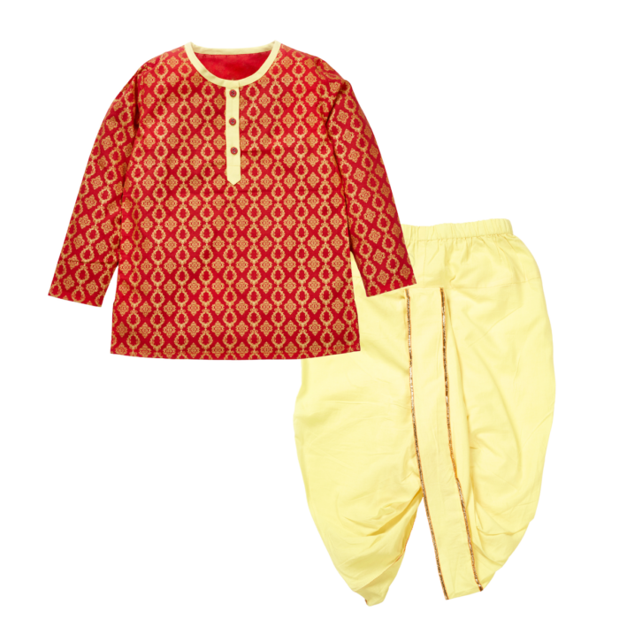 31Aug_combos Girls Graphic Printed 100%Organic Cotton Festive Summer Kurta and Dhoti set with Glitter Print-Red and Yellow - Image 1