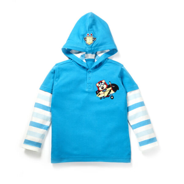 Boys Graphic Printed 100%Organic Cotton Hooded Jacket with stripes and plane emb-Blue - Image 1