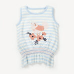 Girls Embroidered Printed 100% Organic Cotton stripes Sleeveless Top with floral bird graphic-Lt Blue