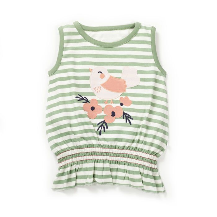 31_Aug_23_Pranava1428 Girls Embroidered Printed 100% Organic Cotton Sleeveless Top with floral bird graphic-Green stripes - Image 1