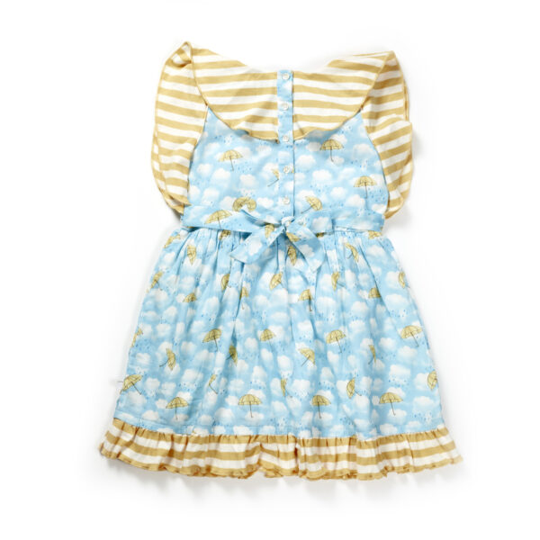 Girls Graphic Printed 100%Organic Cotton Umbrella pattern Frock-Blue - Image 3