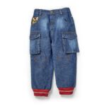 Boys Embroidered 100% Organic Cotton Denim Pant with Cargo Pocket-Blue
