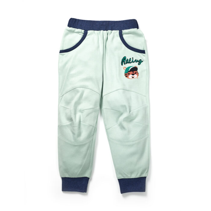 31_Aug_23_Pranava1694 Boys Embroidered 100% Organic Cotton Boys Long Pants with racing Tiger- Lt green - Image 1