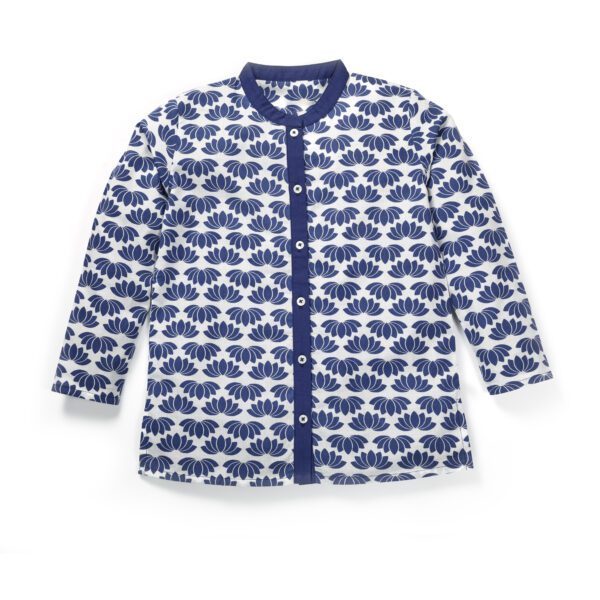 Boys Printed 100% Organic Cotton Ethnic Lotus graphics Collar Kurta and Pajama Set-Navy Blue - Image 2