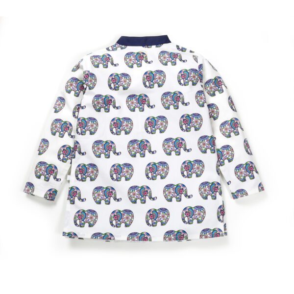 Boys Printed 100% Organic Cotton Ethnic Elephant design Collar Kurta and Pajama Set-White and Navy - Image 4