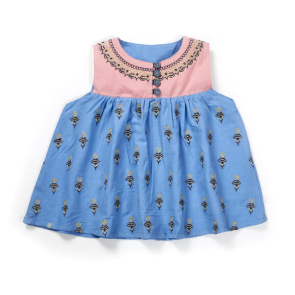 Girls Embroidered Printed 100% Organic Cotton Festive embroidered Top and Dhoti Style Bottoms-Blue and Pink - Image 3