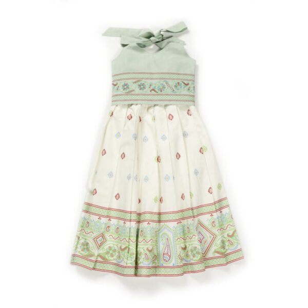 Girls Printed 100%Organic Cotton Festive Skirt with Haulter neck blouse and shaded Dupatta- White and Light Green - Image 3