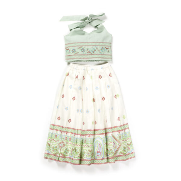 Girls Printed 100%Organic Cotton Festive Skirt with Haulter neck blouse and shaded Dupatta- White and Light Green - Image 2