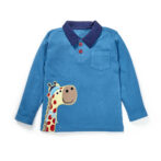 Boys Embroidered 100% Organic Cotton Collar T-shirt with Giraffe applique- Teal
