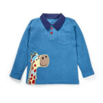 Boys Embroidered 100% Organic Cotton Collar T-shirt with Giraffe applique- Teal