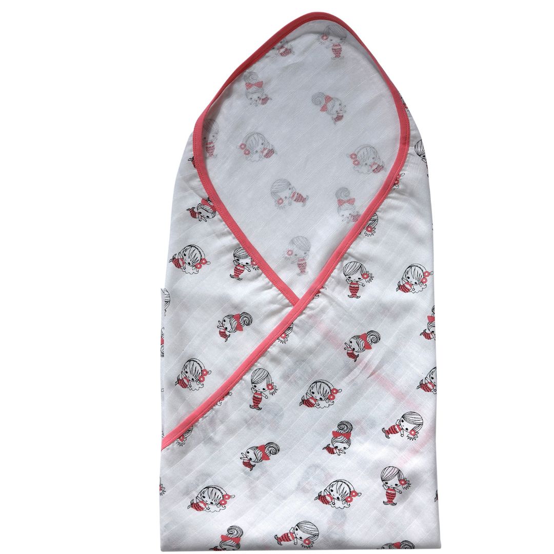 37 Unisex 100% Organic Cotton mermaid printed Muslin blanket - White and Pink - Image 1