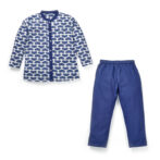 Boys Printed 100% Organic Cotton Ethnic Lotus graphics Collar Kurta and Pajama Set-Navy Blue