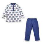 Boys Printed 100% Organic Cotton Ethnic Elephant design Collar Kurta and Pajama Set-White and Navy