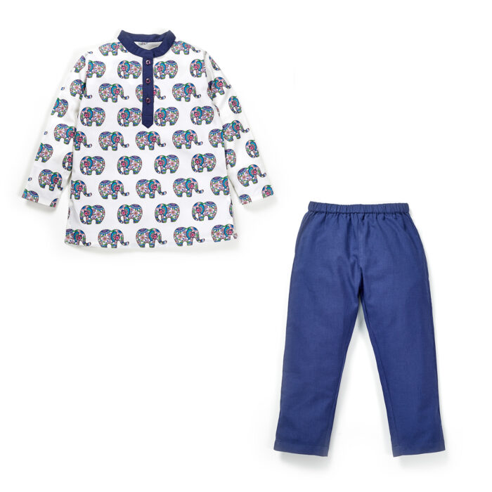 8-4 Boys Printed 100% Organic Cotton Ethnic Elephant design Collar Kurta and Pajama Set-White and Navy - Image 1