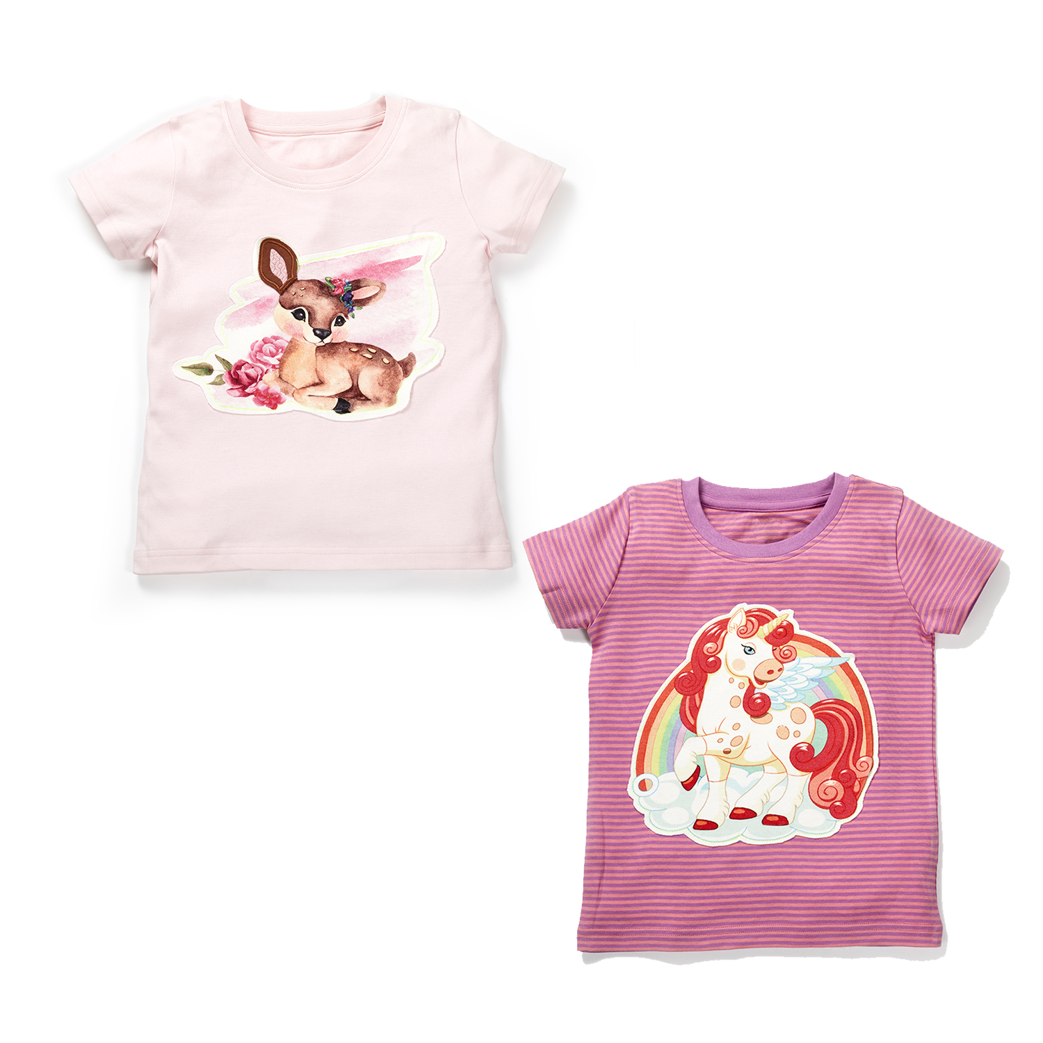 PCP-S2-20 Girls Printed 100%Organic Cotton Unicorn Deer Graphics Round Neck Tee pack of 2-Purple and Light Pink - Image 1