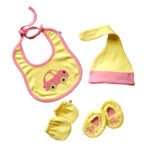 Unisex Printed 100%Organic Cotton Car printed Newborn Baby Gift set pack of 4 - Yellow