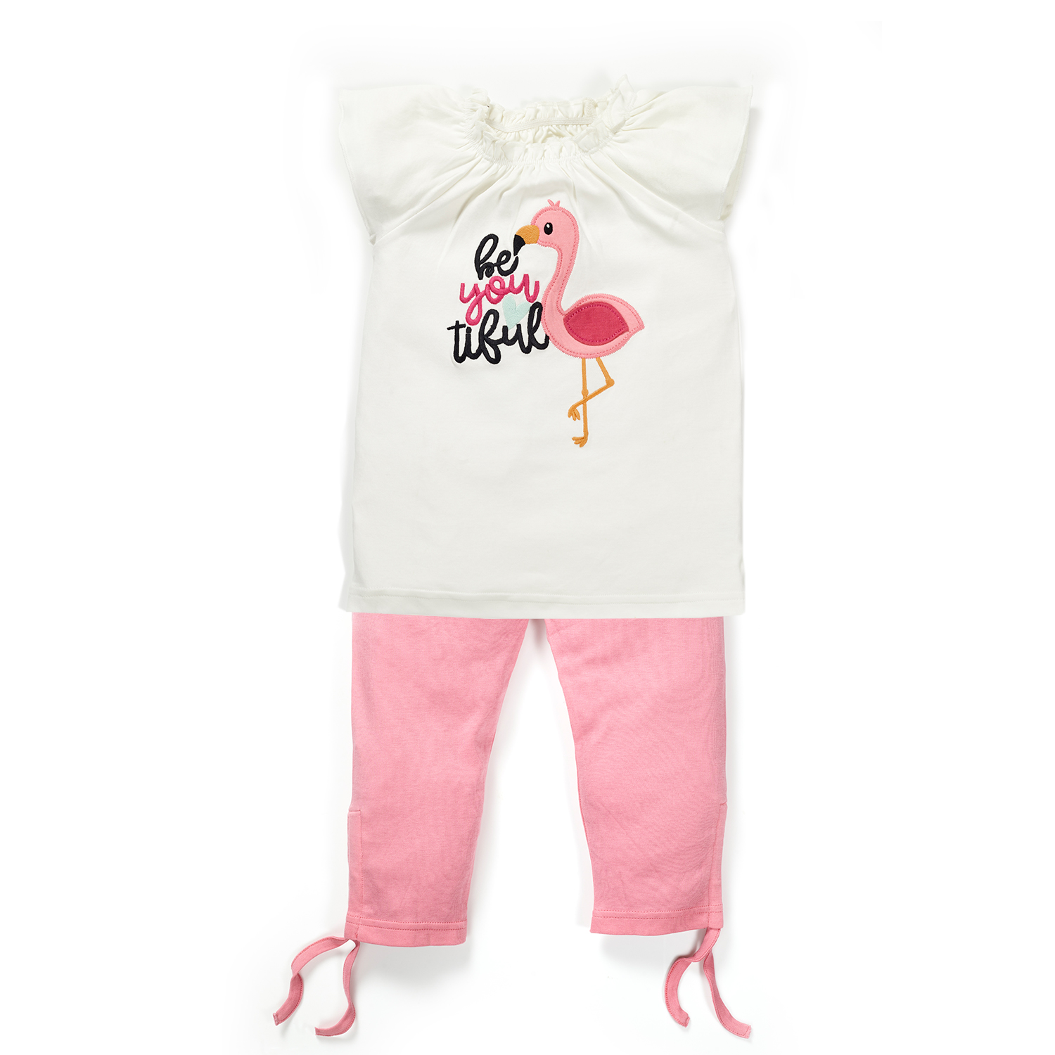 TG-WP-47 2 White Girls Graphic Printed 100%Organic Cotton long Top With Leggings Set- White - Image 1
