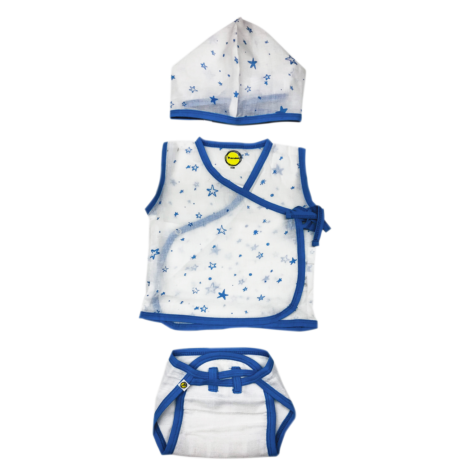 ZLPO3-06 0-3 Blue Stars Unisex Printed 100%Organic Cotton Newborn Essentials Stars Zabla (????) Set Pack of 3 -White - Image 1