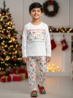 Pranava 100% Organic Cotton Unisex Christmas Printed Full Sleeve T-Shirt & Pant Set – White