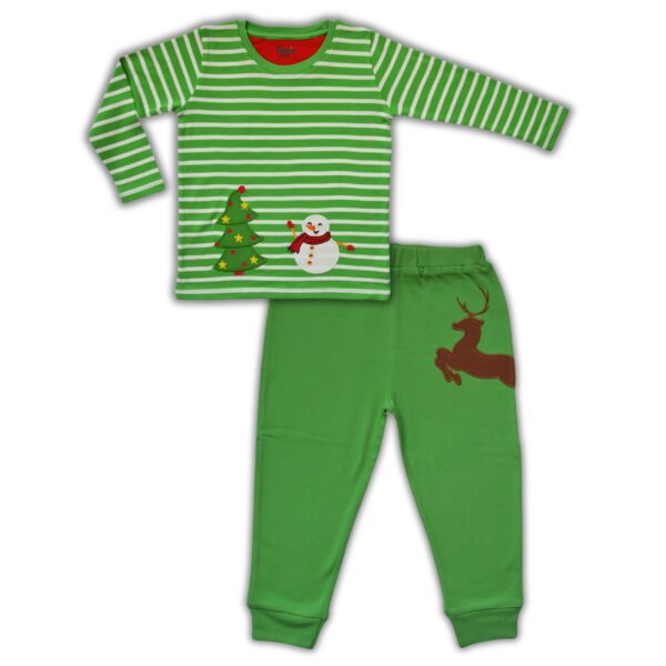 Pranava 100% Organic Unisex Green set of Snowman tee and Raindeer emb Pant. - Image 3