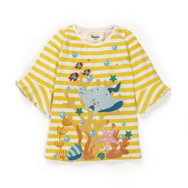 Girls Striped Embroidered 100%Organic Cotton  A-Line dress - Yellow and White - Image 2