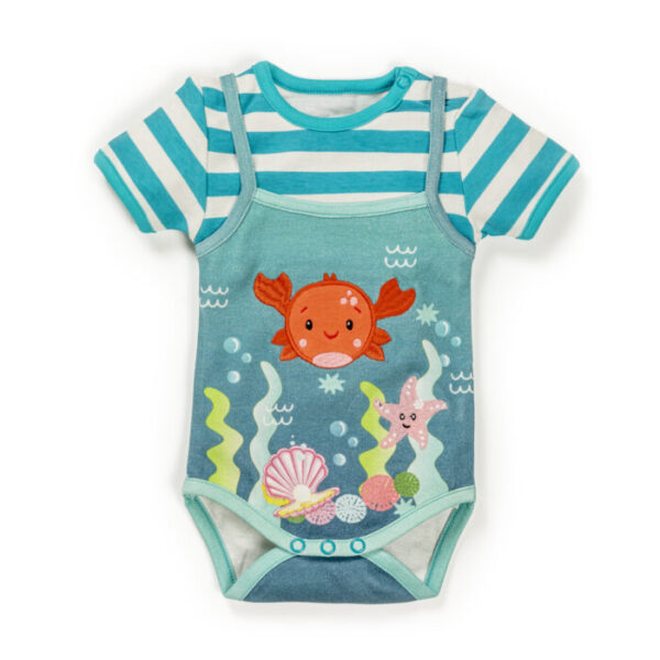 Unisex Printed 100% Organic Cotton Bodysuit- White and Blue - Image 2