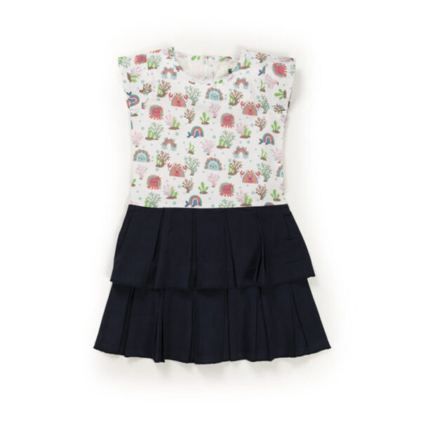 Kids Girls Printed 100%Organic Cotton Dress - White and Blue - Image 2