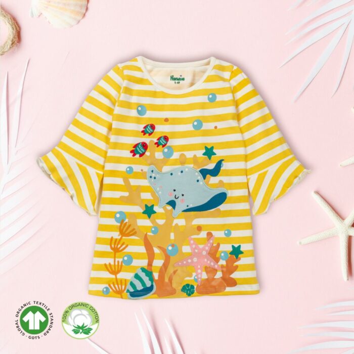 _FIRST CRY FINAL Girls Striped Embroidered 100%Organic Cotton A-Line dress - Yellow and White - Image 1
