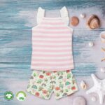 Baby Girls Stripes and Printed 100% Organic Cotton Top and Shorts Set - White and Pink