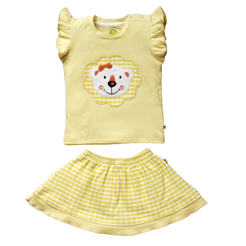 IG-23B_F Girls Frilled Sleeve Embroidery Top & Gathered Skirt Set - Yellow - Image 1