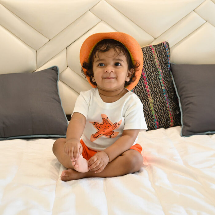 Website-1 Baby Boys Graphic Printed 100% Organic Cotton Tee with Shorts- White and Orange - Image 1