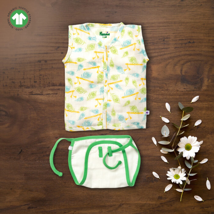 Creative shoot - 12 Unisex Baby Feather and Flute Printed 100% Organic Cotton Jhabla and Langot Set - White - Image 1