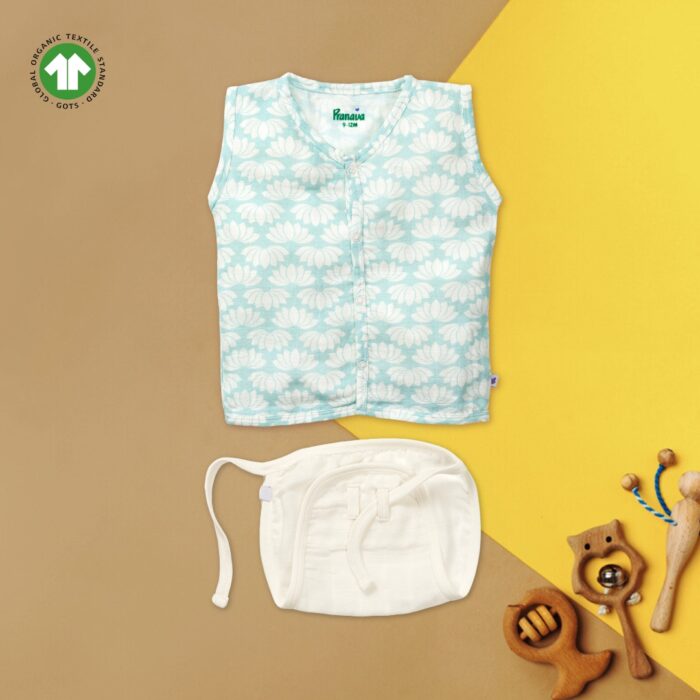 15 Unisex Baby Lotus Printed 100% Organic Cotton Jhabla and Langot Set - White and Sky Blue - Image 1