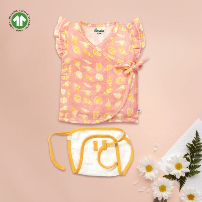 20 Baby Girls Seashell Printed 100% Organic Cotton Jhabla and Langot Set - Pink and White - Image 1