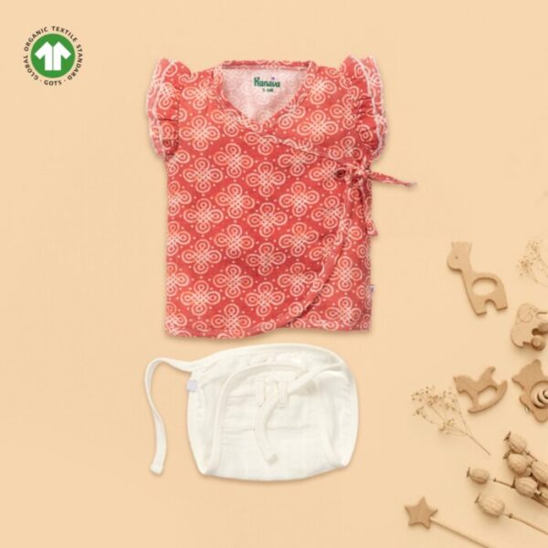 Baby Girls Batik Printed 100% Organic Cotton Jhabla and Langot Set - Maroon and White - Image 1