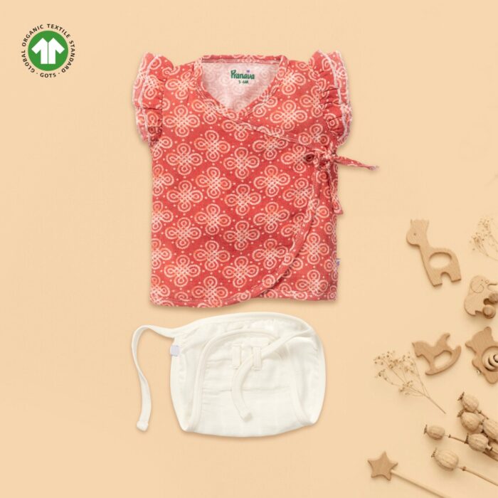 21 Baby Girls Batik Printed 100% Organic Cotton Jhabla and Langot Set - Maroon and White - Image 1