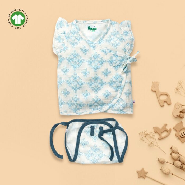 22 Baby Girls Kolam Printed 100% Organic Cotton Jhabla and Langot Set - White - Image 1