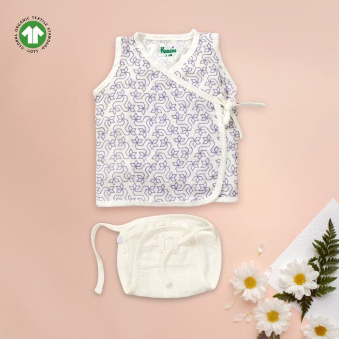 24 Unisex Baby Geometric Printed 100% Organic Cotton Jhabla and Langot Set - White - Image 1