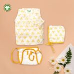 Unisex Baby Triangle Printed 100% Organic Cotton Jhabla, Langot and Cap Set - White