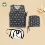 Unisex Baby Geometric Printed 100% Organic Cotton Jhabla, Langot and Cap Set - Navy and White